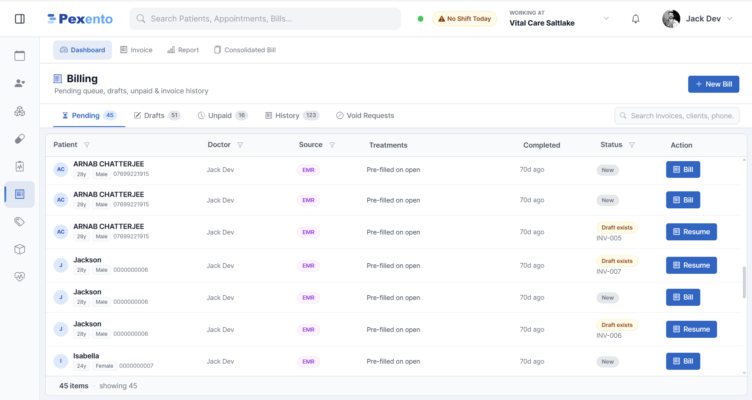 Billing desk with pending, drafts, unpaid and history tabs over a list of bills