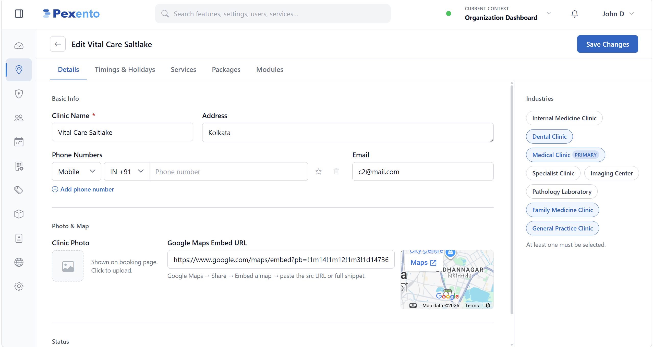 Location editor with details, timings and holidays, services, packages and modules tabs