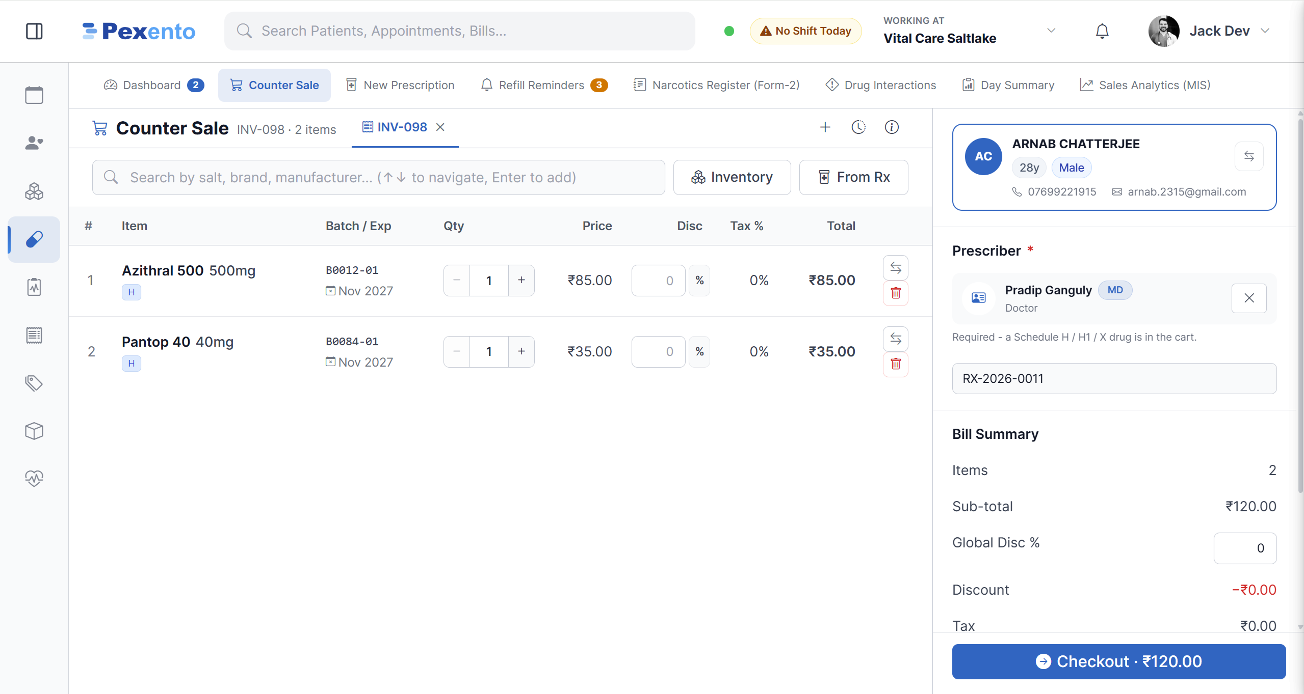 Pharmacy counter sale with line items, batch and expiry, and a live bill summary