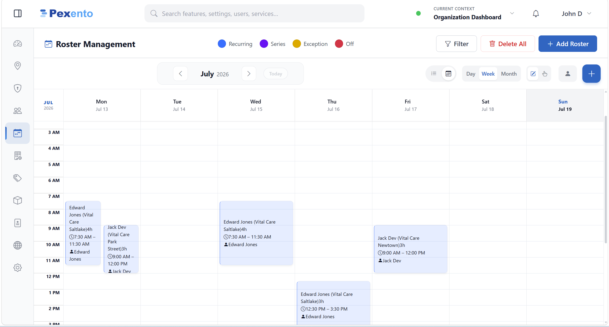 Weekly roster with shifts showing staff member and location on each shift